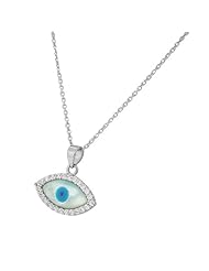 Sterling Silver White Crystals CZ Pearl Womens Evil Eye Hamsa Pendant Necklace