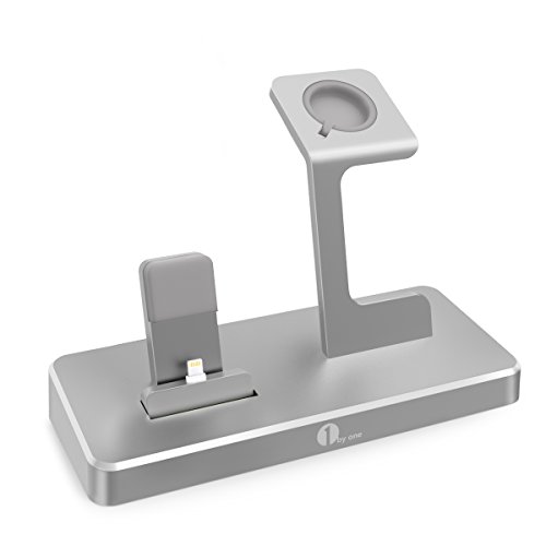 1byone Apple Watch Charging Stand, 4-in-1 Charging Dock for iWatch, iPad and iPhone with 2 USB Ports, Apple MFi Certified Power Station in Aluminum Alloy, Grey