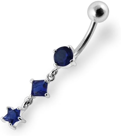Dark Blue 3-Shapes Dangling 925 Sterling Silver with 14G-3/8 Inch (1.6x10MM) 316L Surgical Steel Banana Belly Ring Body jewelry