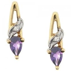 Amethyst & Diamond Stud Earrings Dangling from Solid Yellow Gold
