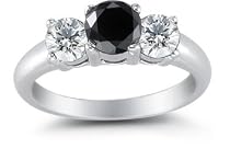 14K White Gold Round 3 Stone Black Diamond & White Diamond Ring (1/4 ctw)