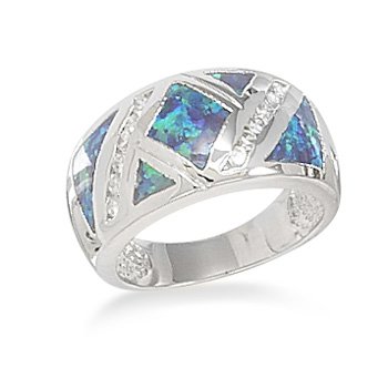 Synthetic Blue Opal and CZ Ring Size 7