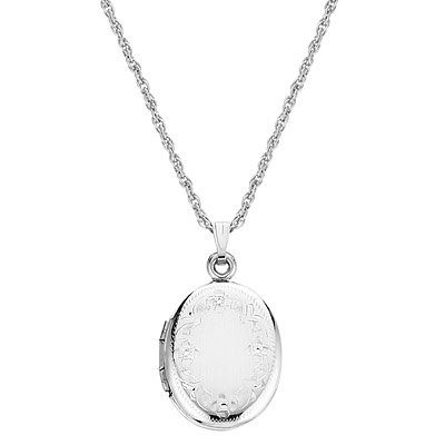 14k White Gold Oval Locket with 16″ White Gold rope Chain