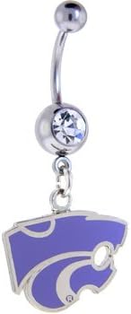 NCAA Kansas State WILDCATS Crystalline Double Gem Fancy Navel Ring 316L Surgical Steel Dangle Belly Button Ring 3/8" 14 Gauge Body Jewelry -Licensed Product-