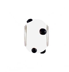 Pandora Style Charm Bead (Z286) Lampwork Style Glass (14mm x 10mm) (fits Troll too) ~ White with Black Dots