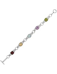 Silver Rhodium Plated 7.50" 10mm Alternate Round Link Double Oval Link And Square Multi Color Stone Cubic Zirconia Fancy Bracelet With Box Catch