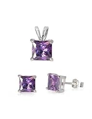 Sterling Silver Amethyst CZ Earrings and Necklace Jewelry Set