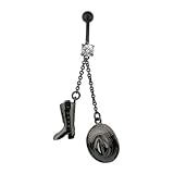 Surgical Steel Body Piercing Jeweled Black PVD Navel Ring with Hanging Cowboy Hat and Boot Charms