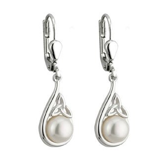 Sterling Silver and Pearl Trinity Knot Drop Earrings - Made in Ireland