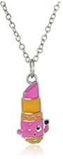 Shopkins Girls' Silver Plated Enamel Lippy Lips on Chain Pendant Necklace, 16" + 2" Extender