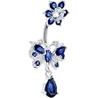 Sterling Silver 925 Sapphire Blue Cubic Zirconia Butterfly Flower Belly Ring