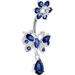 Sterling Silver 925 Sapphire Blue Cubic Zirconia Butterfly Flower Belly Ring