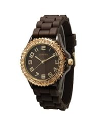 Brown Goldtone Silicone Watch w/ Rhinestones Face Bling Ceramic Look