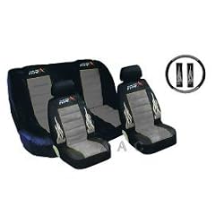 A Set of Low Back Type X Racing Style Front Bucket Seat Covers, Bench Seat Cover, Steering Wheel Cover and Shoulder Strap Cover - Grey