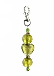 Key Chain / Purse Clip - K2 - Murano Style Glass ~ Green Heart and Round Beads