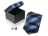 Blue Striped Matching 100% Silk Necktie Tie and Cufflinks in Gift Box