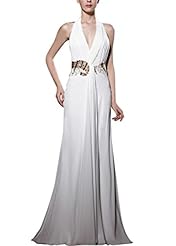 Sexy A-line V-neck Halter Sleeveless Beaded Backless Cocktail Floor Length Chiffon Homecoming Dress/Prom Dress/Wedding Party Dress 