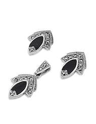 Sterling Silver Marquise Onyx Marcasite Tip Vintage Style Earring Pendant Set