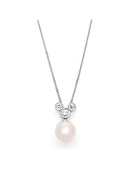 18k White Gold Cultured Akoya Pearl and Three Stone Diamond Pendant with Chain (0.20 cttw, H, SI)