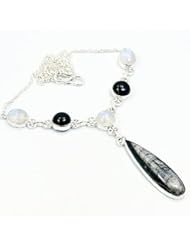 Sterling Silver Orthoceras Fossil, Moonstone, Onyx Y-shape Necklace
