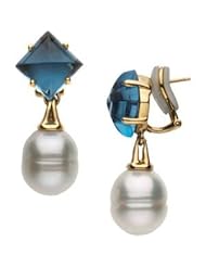 Jewelplus Aquarella South See Cultured Pearl & Genuine London Blue Topaz Omega Clip Earrings 18K Yellow Pair 11.00 Mm/Circle/10X10 Mm