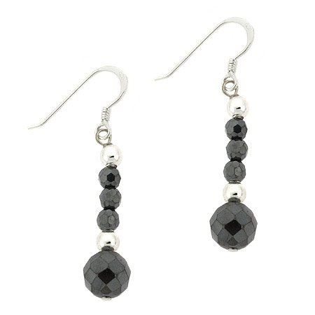 Sterling Silver .925 Faceted Genuine Hematite Stone Bead Drop Dangle Earrings