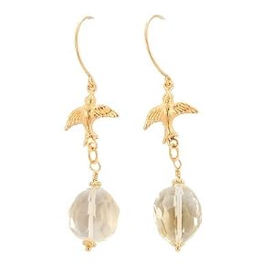 Faceted Citrine Gemstone Bead and Gold Vermeil Bird Dangle Hoop Earrings, 2 3/4" in Length, #7721