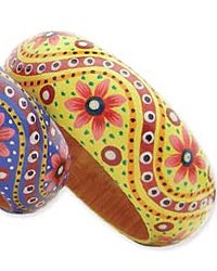 Yellow Flower & Dot Painted Wood Bangle