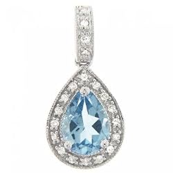 Pear Blue Topaz & Diamond Pendant in Solid White Gold