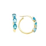 14k Gold & Blue Topaz 3 Oval Stone Hoop Earrings
