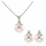 Sterling Silver Simulated Pearl and Simulated Diamond cz Earring and Pendant Jewelry Set