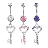 Pink Jeweled Dangling Key with Jewels Belly Ring - 14g (1.6mm), 3/8