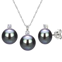 Big Sale Sterling Silver 7-8mm Black Cultured Freshwater Pearl with .75tcw Genuine CZ Earring and 18" Chain Length Pendant Jewelry Set.
