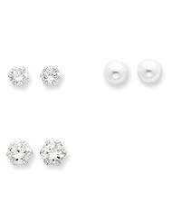 Sterling Silver Sm & Lg Cz & Cultured Pearl Set Earrings
