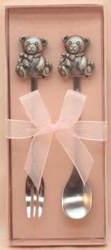 Great Baby Shower Gift for Newborn Infant. Pewter-made Teddy Bear Adorned with Pink Rhinestones Atop a Pair of Stainless Steel Spoon &amp; Fork Gift Set. Great As a Collectible but Safe to Use As Well.