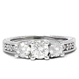 1.00CT Round Three Stone Past Present Future Diamond Engagement Anniversary 14k White Gold Vintage Like Hand Engraved Ring color (G/H) clarity (I1)