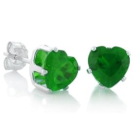 May Birthstone Emerald Green Heart Cut Cubic Zirconia CZ Silver Stud Earrings: Jewelry