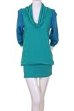 Trinity Smocked Shoulders Cowl Collar Color Block Teal Long Sleeves 100% Organic Cotton Wide Banded Hem Dress Green