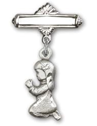 Sterling Silver Baby Badge with Praying Girl Charm and Polished Badge Pin