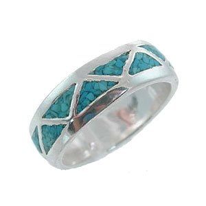Southwestern Style Chevron Band Ring with Turquoise Chip Inlay and Sterling Silver for Men or Women, Sizes 5, 6, 7, 8, 9, 10, 11, 12, 13, 14, and 15, #1775