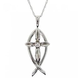 14KT White Gold Fish Cross Pendant Necklace w/ Diamonds