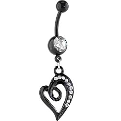 Bioplast Black Swirl Gem Heart Dangle Belly Ring