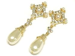 Crystal Deco Tear Drop Faux Pearl Gold Earrings Fashion Jewelry