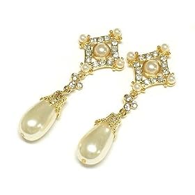 Long Crystal Deco Tear Drop Pearl Gold Earrings Fashion Jewelry