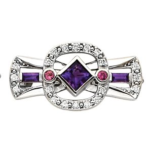 14K White Gold Amethyst, Pink Tourmaline and Diamond Brooch by