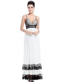 Ever Pretty Macrame Black  White Spaghetti Strap Plunge V-neck Gown 09488