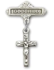 Sterling Silver Baby Badge with Crucifix Charm and Godchild Badge Pin