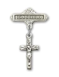Sterling Silver Baby Badge with Crucifix Charm and Godchild Badge Pin