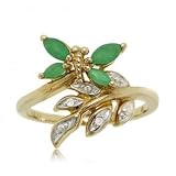 Yellow Gold Bypass Butterfly Ring - Emerald & Diamond