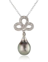 Sterling Silver 9.0-9.5mm Tahitian Cultured Pearl and Diamond Pendant Necklace, (0.05 cttw, G-H Color, I2-I3 Clarity), 18"